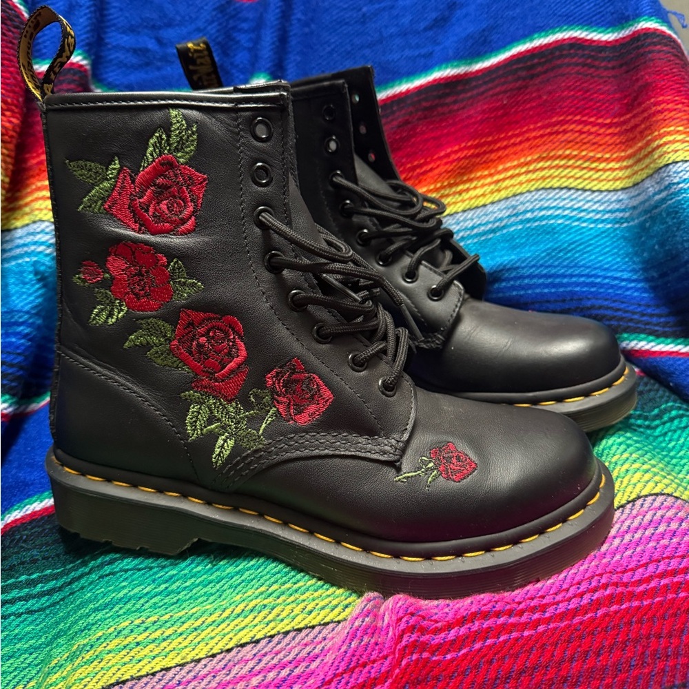 Dr. Martens Black and Red Combat Boots with Rose Embroidery